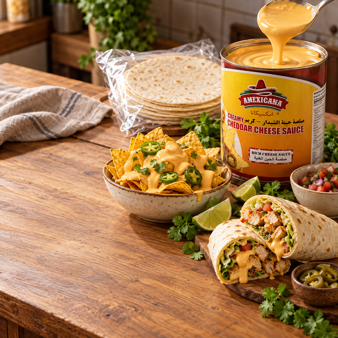 Mexican kitchen essentials: tortilla wraps and cheese sauce