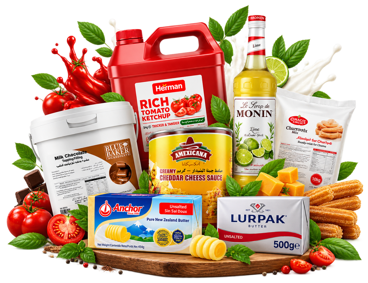 Wholesale food service supplies: ketchup, Monin syrup, cheddar cheese sauce, Anchor and Lurpak butter, chocolate filling and churros mix